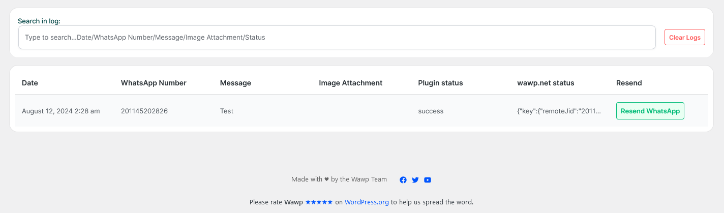 Screenshot 2024 08 12 at 05 28 35 Notification Logs ‹ Try Wawp Best WhatsApp WordPress Plugin — WordPress