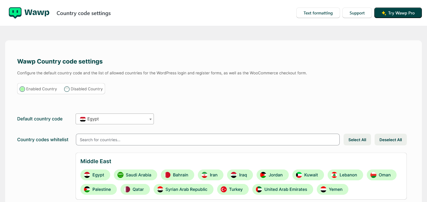 Screenshot 2024 08 12 at 05 31 24 Country code settings ‹ Try Wawp Best WhatsApp WordPress Plugin — WordPress 1